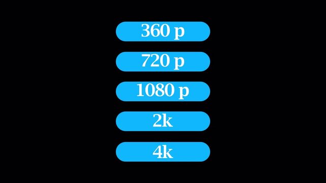 Animated Digital resolution options: 360p, 720p, 1080p, 2 k, 4 k, and 8 k display settings menu animation  on transparent background in 4K animation with alpha channel 