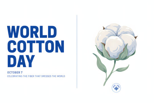 Cotton day featuring blue text on a white background, and a detailed, of a white, cotton plant, october, seventh event