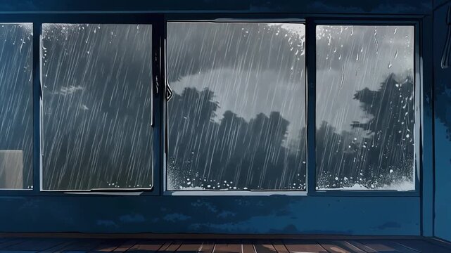 Rain on window with bokeh in time-lapse in moody gray-blue