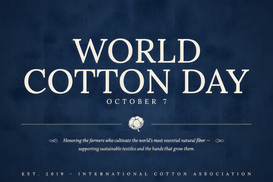 Cotton day poster with dark blue textured background, white typography, and a central cotton boll honoring sustainable agriculture