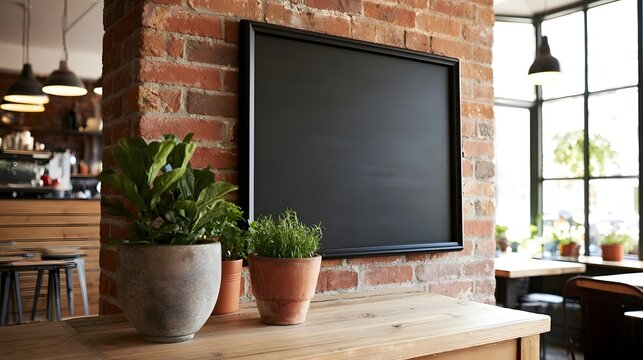 A blank chalkboard mounted on a red brick wall beside potted plants on a wooden counter in a cozy caf  setting