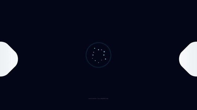 Minimalist Digital Interface Design Featuring a Central Particle Spinner and Geometric Side Elements on a Dark Background