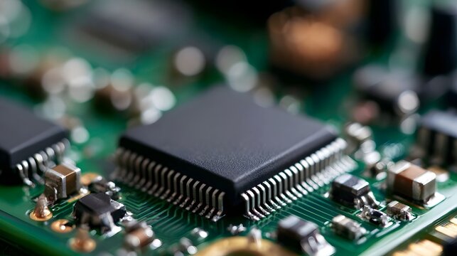 Close up of electronic circuit board featuring central integrated chip and surrounding soldered components under bright lighting