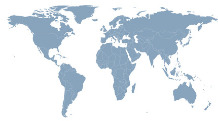 Obraz premium Silhouette blue world map with detailed country borders in a modern vector style on a transparent background. Flat blue continental map with defined national borders