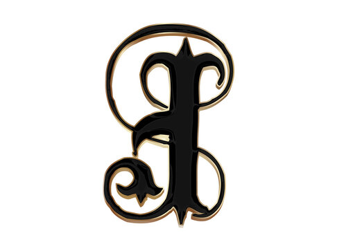 Black and gold gothic letter J blackletter calligraphy font isolated on transparent background