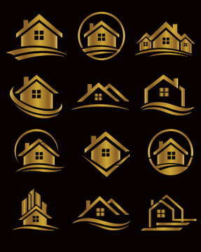 A comprehensive mega collection of twelve premium golden real estate and property development vector logos, featuring modern house roofs, elegant skyscrapers, neighborhood townhouses, geometric frames