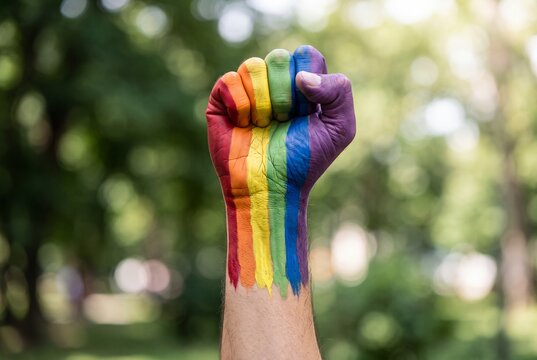 Raised fist painted with rainbow colors representing lgbtq pride and equality