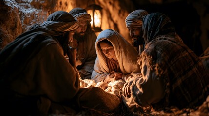 Fototapeta premium Shepherds and parents gathered around the manger in a cave to witness the birth of baby jesus