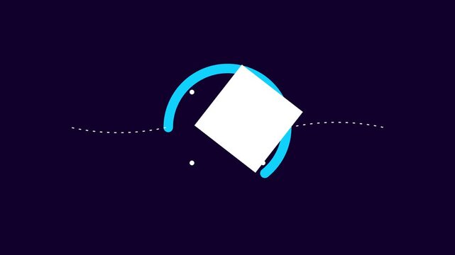 Abstract digital technology concept with rotating white square shape and glowing blue light arcs on dark background