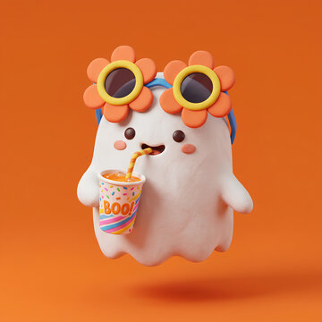 Cute cartoon ghost character with sunglasses drinking soda.