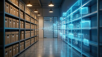 Digital interface overlaid on a warehouse archive with boxes and shelves.