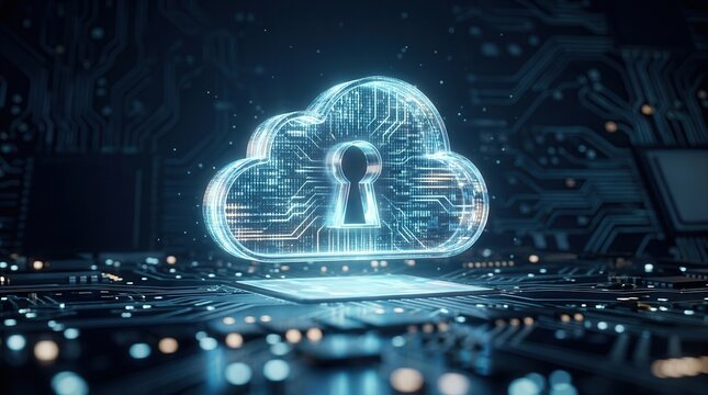 A glowing cloud with a padlock icon hovering above a digital circuit board for data sovereignty.