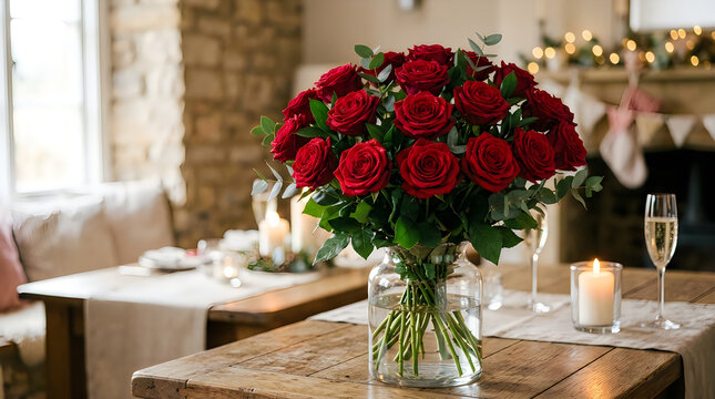 Red roses in rustic wooden vase on wooden table with natural lighting and cozy