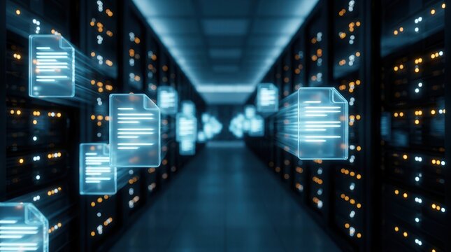 Holographic document cards floating above a server aisle representing enterprise content management.