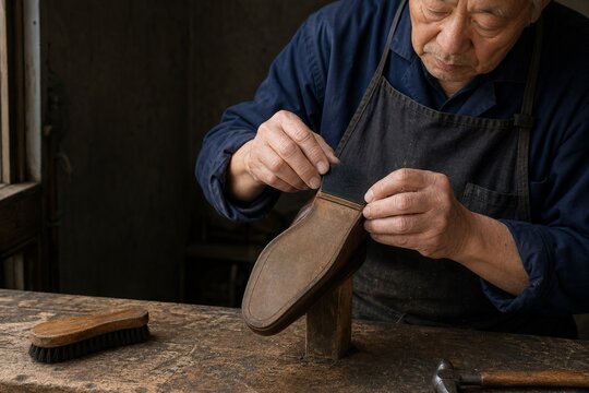 Japanese cobbler aligning a replacement heel on a shoe