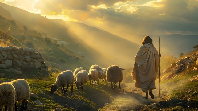 Jesus christ walking with a flock of sheep on a dirt path in a misty mountain valley at dawn