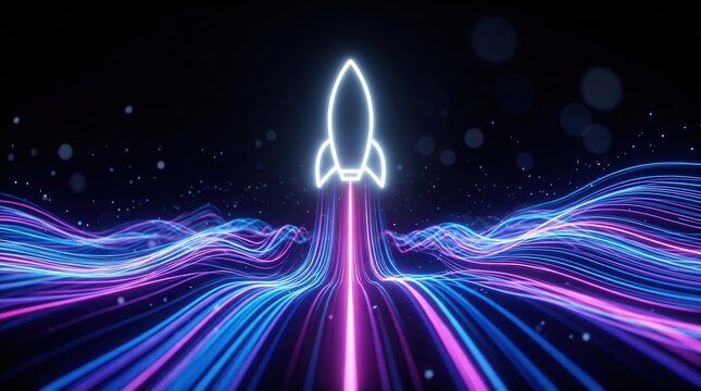 Neon rocket launching through vibrant digital data streams on a dark background.
