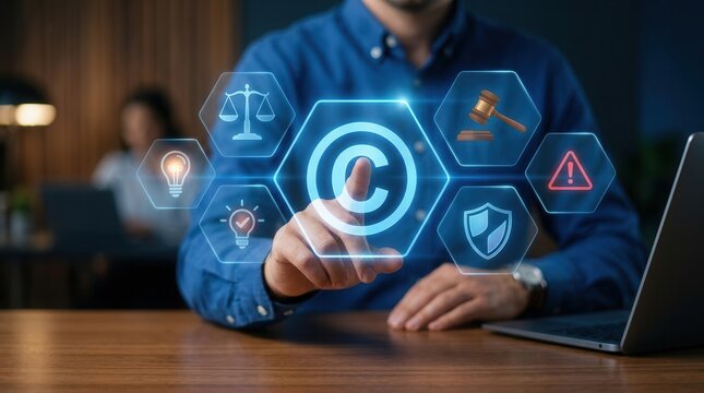 Businessman touching a copyright icon within a digital interface representing intellectual property rights.