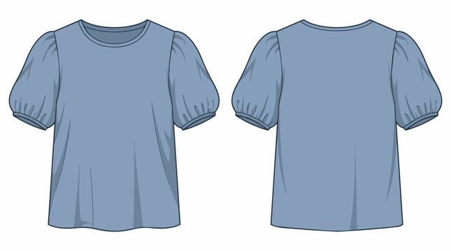 Women's Casual Blue Puff Sleeve Blouse Technical Fashion Sketch Front and Back View Apparel Clothing Template Mockup