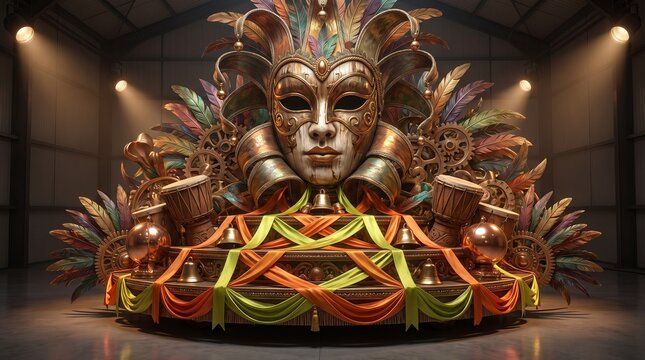Elaborate Venetian Carnival Mask Float Featuring Steampunk Gears Colorful Feathers and Festive Drums