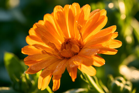 The summer sunshine stimulates the vibrant orange calendula blossoms