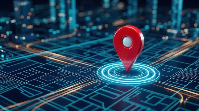 Digital map with a red location pin and target circle illustrating geofencing technology.