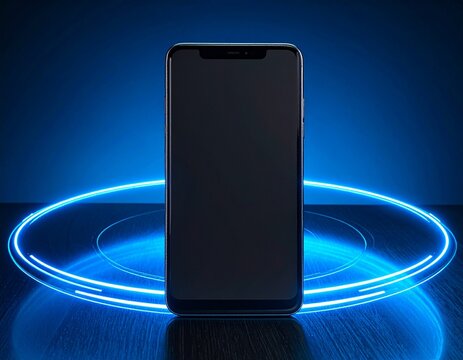 Blank smartphone mockup on a dark surface surrounded by glowing geometric light circles