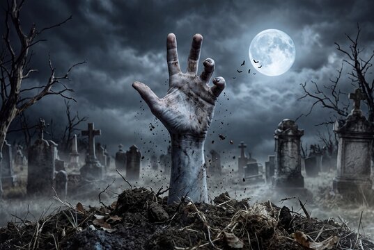 Zombie hand rising from a grave in a spooky cemetery under a full moon