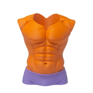 3D Printed Orange Muscular Male Torso Statue with Purple Shorts Isolated on White Background