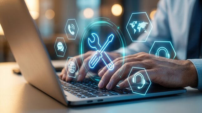 Person using a laptop with glowing wrench and screwdriver for IT support and system maintenance.