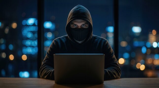 A hooded masked hacker working on a laptop in a dim room symbolizing a digital privacy breach.
