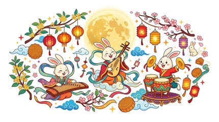 Fototapeta premium Illustration of cute rabbits celebrating mid-autumn festival with moon