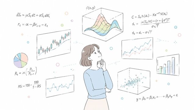 データ分析や投資戦略を思考するビジネスウーマンのイラストレーション