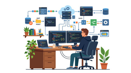 Fototapeta premium Software developer coding backend infrastructure and cloud management