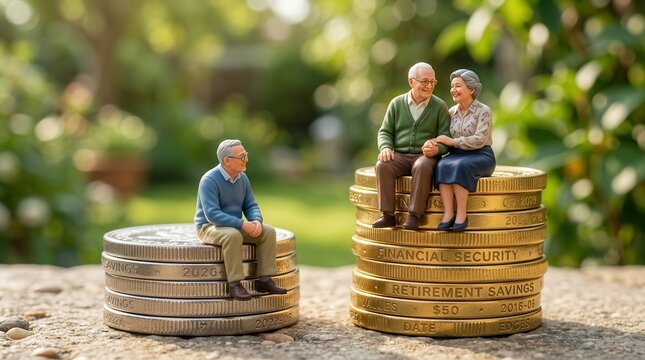 Senior couple sitting on stacks of gold and silver coins for retirement savings.
