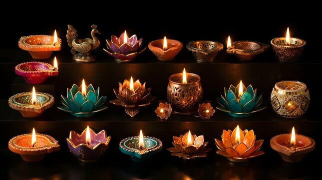 Collection of beautiful traditional indian oil lamps or diyas lit for diwali festival celebration on dark background