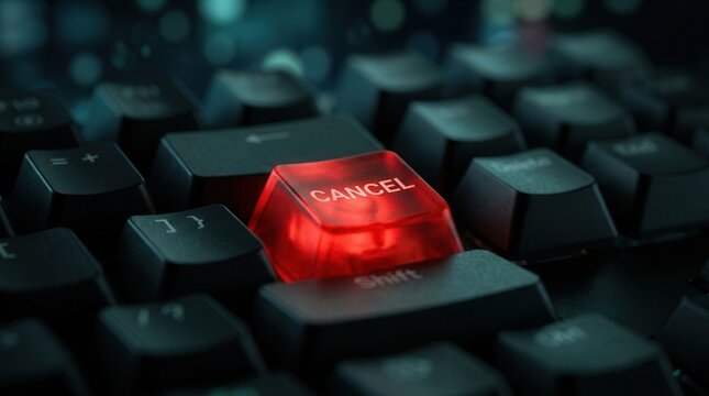 Glowing red cancel button on a dark mechanical keyboard with dramatic lighting.