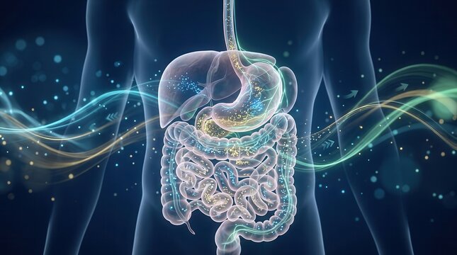 Human digestive system with stomach and intestines showing metabolism and nutrient processing.