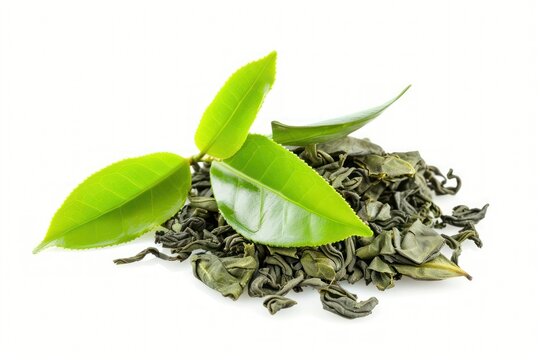 Fresh and dry green tea leaf plant white background ingredient.