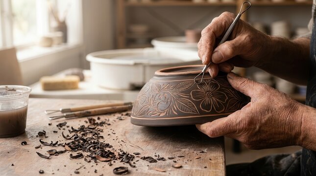 Artist's hand carving an intricate sgraffito floral pattern on an unfired clay bowl