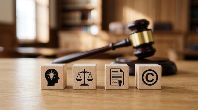 Wooden judge gavel and blocks representing copyright and intellectual property protection.