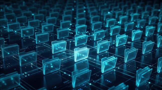 Abstract data structure with connected digital folders on a dark surface for database management.