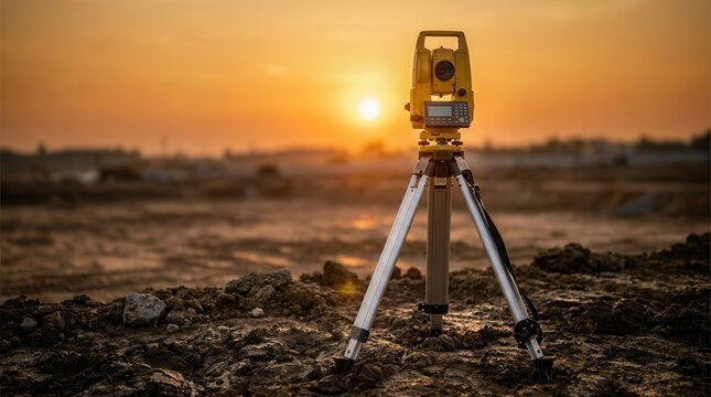 Yellow total station surveying instrument on a tripod atop rugged ground during a golden sunset.