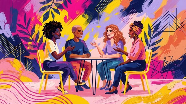 Diverse individuals sit around a small table in an abstract scene symbolizing corporate inclusion.