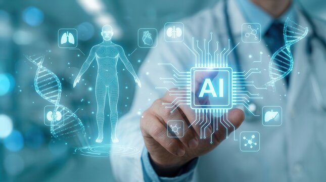 Doctor using AI technology for medical diagnosis and increasing patient treatment accuracy.