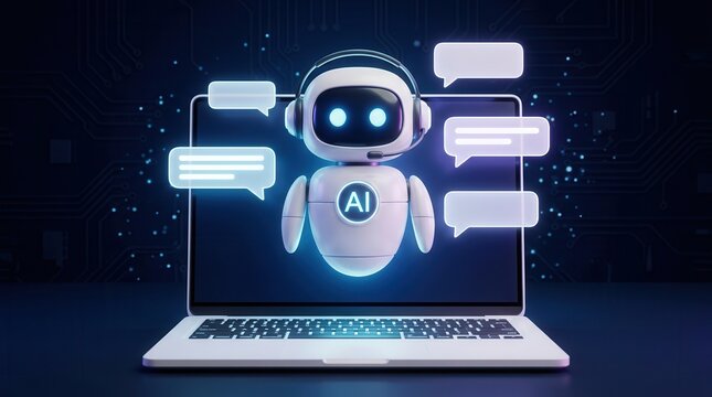 Cute 3D render of an AI chatbot robot on a laptop screen with speech bubbles.