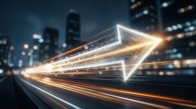 Abstract arrow of light over a blurred cityscape representing business transformation and strategic change.