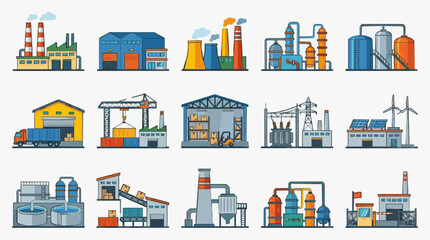 Fototapeta premium Corporate Industrial Facility Icons Set Colorful Illustrations of Factories Warehouses Power Plants and Renewable Energy Sites