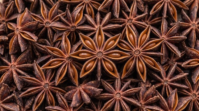 Dried star anise spice pods background pattern