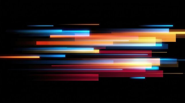 Colorful streaks of light bars over a black background representing digital transformation and data flow.